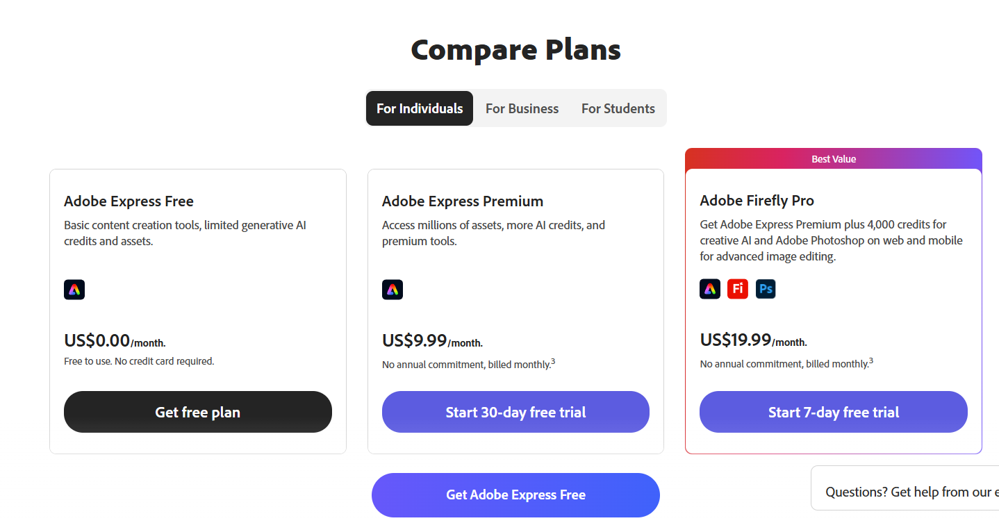 Adobe Express pricing